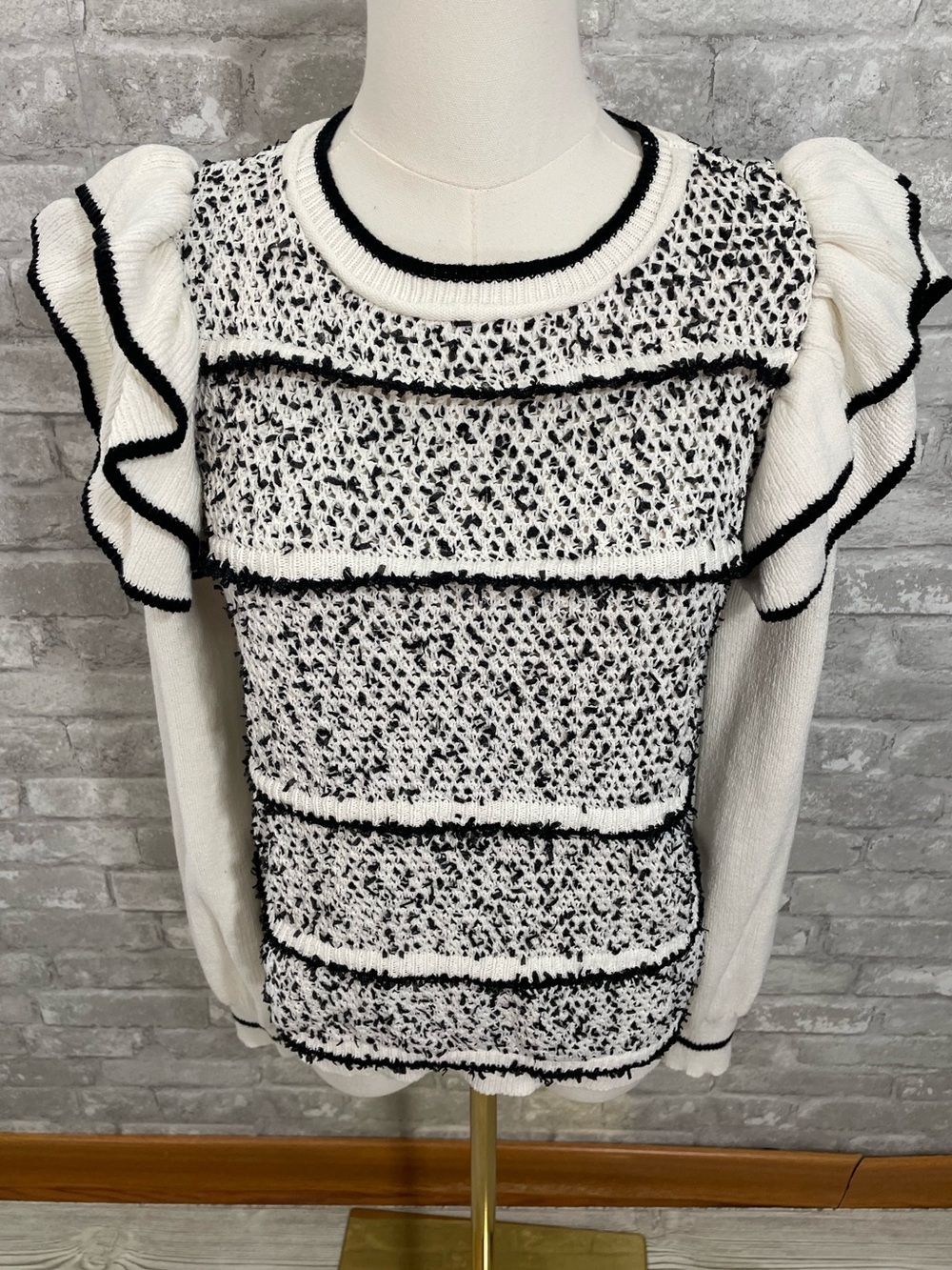 Skies Are Blue Cream and Black Ruffle Shoulder Knit Sweater
